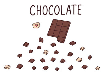 Hand drawn chocolate. Whole chocolate bars and broken into pieces in doodle style. Design for World Chocolate Day. Vector. Vector illustration