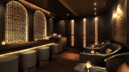 Luxurious dimly lit lounge with ornate bar, plush seating, and warm lighting.  Intricate wall designs and dark wood floors create an intimate atmosphere