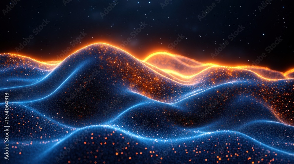 Poster abstract light particle wave background with glowing lines and dot elements