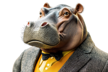A hippo in a suit, isolate on white background, presenting a charming and humorous appearance. PNG