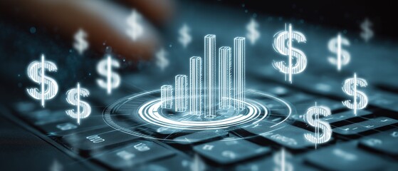 Typing fingers on backlit keyboard with glowing dollar symbols floating above, blurred office background, for fintech apps and digital banking interfaces.
