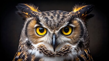 Obraz premium Intense Great Horned Owl Stare with Striking Yellow Eyes and Detailed Plumage