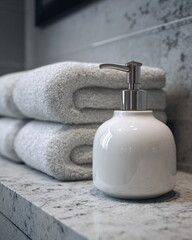 white ceramic soap dispenser and towels, modern bathroom detail