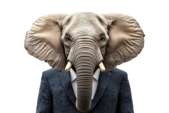 An elephant in a suit, isolate on white background, presenting a humorous twist on this giant animal. PNG