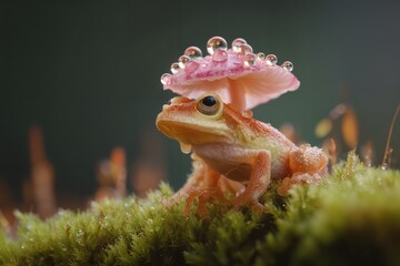 Una rana anaranjada posa sobre un musgo verde, coronada por un hongo rosa con gotas de agua.