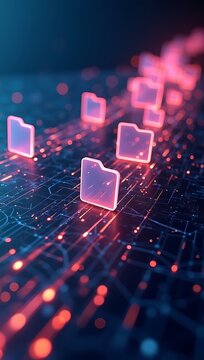Abstract 3D concept of flying digital file folders moving across glowing data lines over a dark grid, symbolizing fast file transfer and online document syncing.

