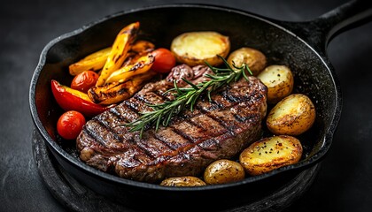 Delicious grilled steak with colorful vegetables.