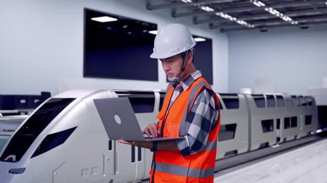 Side View Of Asian Male Engineer With Safety Helmet Working On A Laptop While Standing, Futuristic High-Speed Train in a Modern Testing Facility