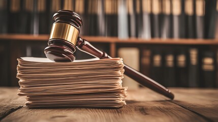 Legal gavel on stacked papers in library.