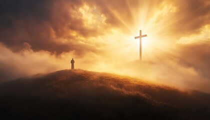 Silhouette at sunrise with cross on hill.