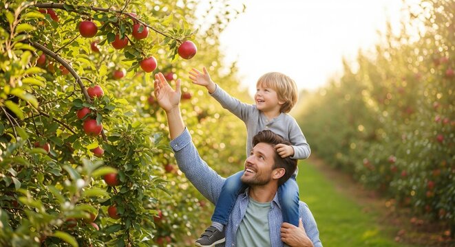 A joyful father lifting his son onto his shoulders so they can pick a perfect apple from a tree in a sun-dappled orchard. - Powered by Adobe