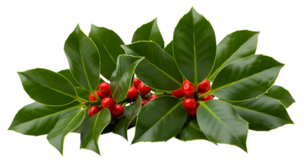 Holly Berries & Leaves:  Green Foliage with Red Berries on a Transparent Background