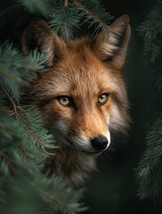 Un retrato &iacute;ntimo de un zorro rojo, capturado en la penumbra de un bosque de pinos.