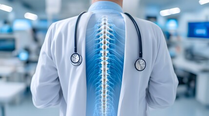 Doctor s Back with Spine X Ray Overlay in Modern Medical Clinic Setting
