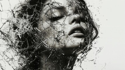 Retrato fragmentado de una mujer con una expresión melancólica.