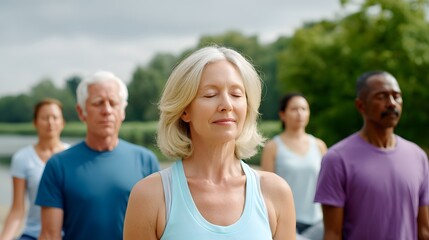 Serene Mature Woman Meditating Outdoors with Group Peaceful Yoga Practice in Nature