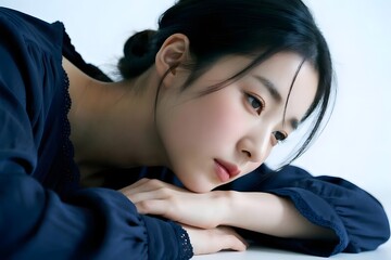 Pensive Young Asian Woman in Blue Dress Elegant Portrait Studio Shot