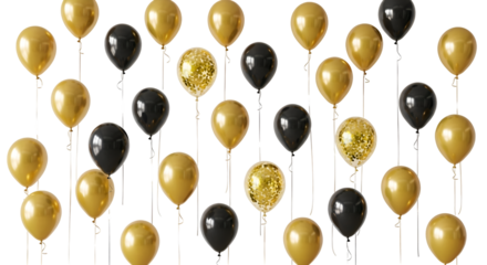 Gold & Black Balloons Float on Transparent Background