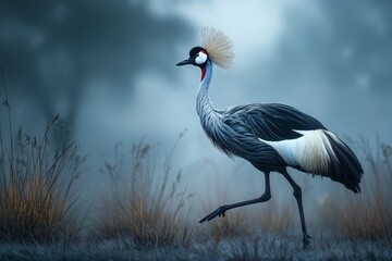 Obraz premium Un elegante grulla gris se abre paso entre la hierba alta en un paisaje brumoso.