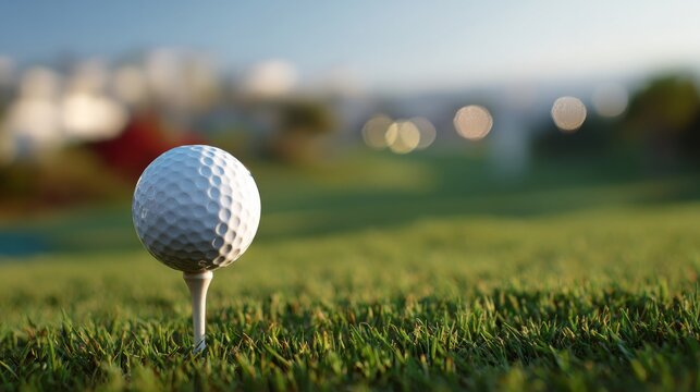 A golf ball resting on a tee, ready to be hit, with a blurred golf course in the background.