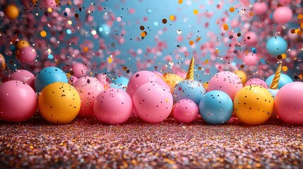 Festive colorful balls and shimmering confetti for celebration backdrop