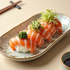 A beautifully arranged plate of salmon nigiri sushi, topped with vibrant green garnishes. The fresh, striped salmon rests on perfectly shaped rice, served with soy sauce in an elegant minimalist 