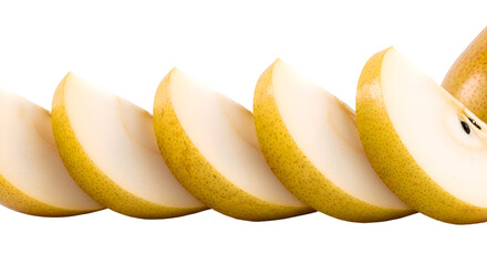 Sliced Pears on Transparent Background, Juicy Fruit Slices, Delicious and Refreshing, Healthy Snack, Dietary Fiber, Vitamins,  Sweet Taste, Ripe Pear, Yellow Fruit, Natural Food, Isolated Image