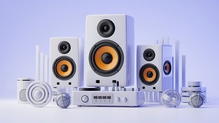 Modern white audio equipment setup with speakers headphones and turntable on a pastel background