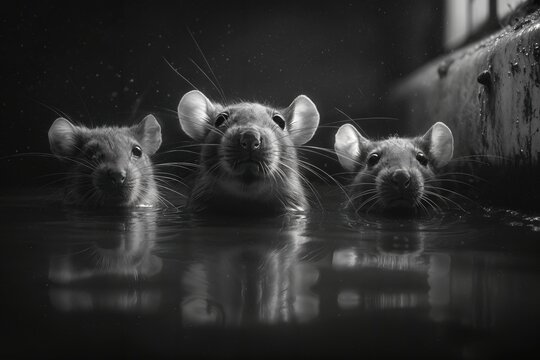 Tres ratas curiosas asoman la cabeza desde el agua, reflejando su mirada en la superficie.