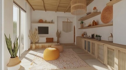 Sunlit living room with minimalist decor, featuring natural materials, woven textures, and earthy tones. Rattan lighting, built-in shelving, and plush seating create a calm atmosphere