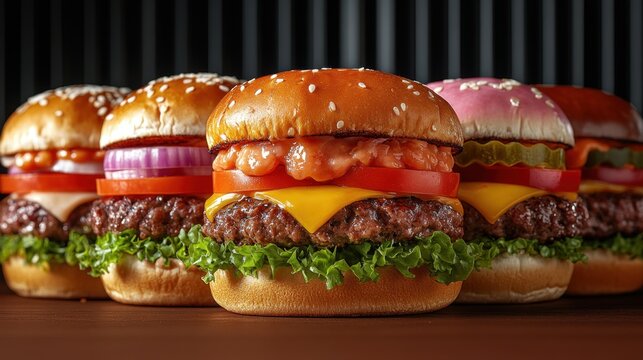 Hamburgers with different toppings and toppings on a table food background - Powered by Adobe