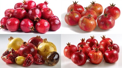 Four images of vibrant red, yellow, and orange pomegranates in varied groupings