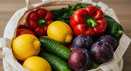 Vibrant Fresh Produce Bag: Crisp Red Bell Peppers, Green Cucumbers, Zesty Lemons, and Dark Plums in a Reusable Canvas Shopping Bag, Highlighting Healthy Eating and Sustainable Market Haul