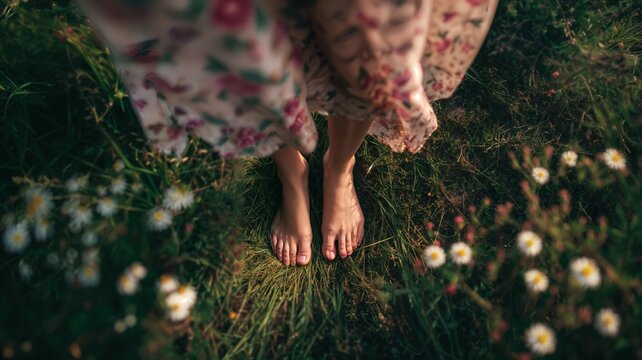 Una imagen que captura la conexi&oacute;n con la naturaleza a trav&eacute;s de pies descalzos sobre un campo de margaritas.