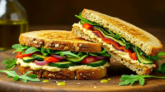 Grilled veggie & hummus sandwich on toasted bread