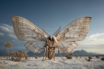 Una polilla gigante, con alas translúcidas, se alza sobre un paisaje desértico bajo un cielo crepuscular.
