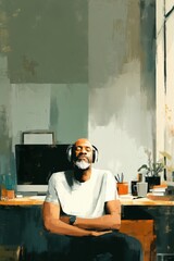 Un hombre con barba blanca, auriculares y mirada serena, inmerso en su espacio creativo.
