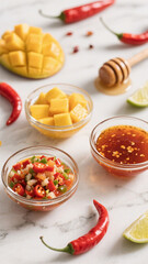 Bold color contrast of hot and sweet condiments paired with whole ingredients in realistic daylight photography