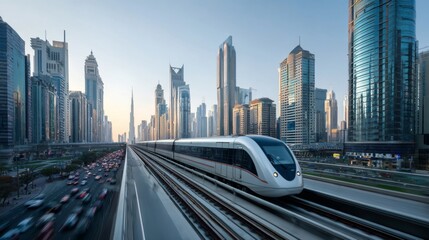 A high-speed train crossing an urban skyline with skyscrapers and busy streets below.