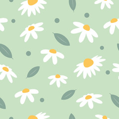 Delicate seamless pattern with daisies and green leaves on a pastel green background. Ideal for textiles, packaging, wallpaper, children's products and spring design. Repeating tiles. Ready to switch.