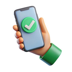 3d cartoon hand holding smartphone with green check mark isolated on transparent background