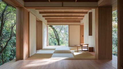 A Japanese-inspired minimalist home with sliding wooden doors, tatami flooring, and a serene atmosphere