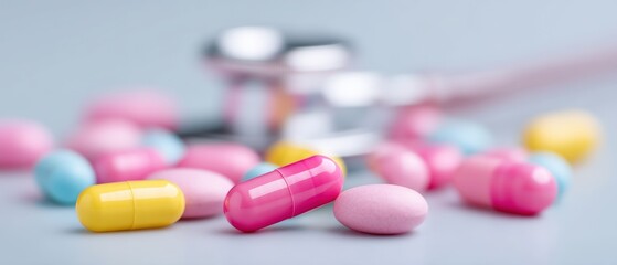 Exploring pharmaceutical advances capsules and pills on a clinical table healthcare setting close-up perspective medical science