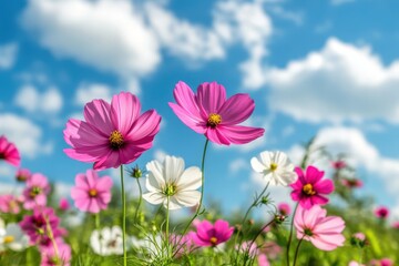 A field of cosmos flowers in full bloom against a bright blue sky with fluffy white clouds above them
