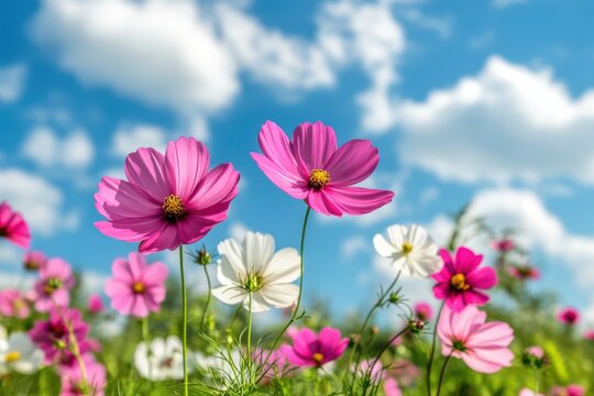 A field of cosmos flowers in full bloom against a bright blue sky with fluffy white clouds above them