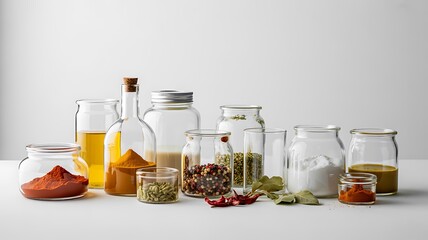 Assortment of colorful spices and liquids in glass jars on a white background