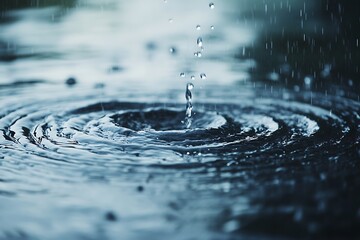 Droplets land and spread ripples in a peaceful rhythm.