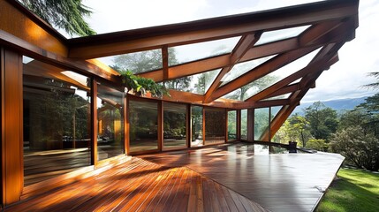 A modern, wooden home with expansive glass walls and a large deck overlooks a lush, green landscape.  Sunlight streams through the unique angular roof structure