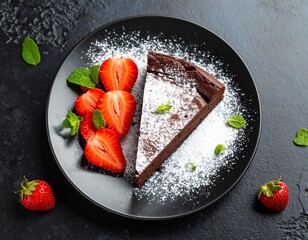 op View of Chocolate Cake Slice with Powdered Sugar and Strawberries in Elegant Composition