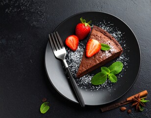 op View of Chocolate Cake Slice with Powdered Sugar and Strawberries in Elegant Composition